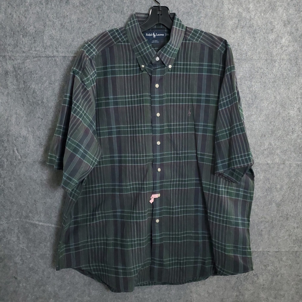 Ralph Lauren Plaid Short Sleeve Button Up Shirt XL Mens Cotton Green Purple Pony